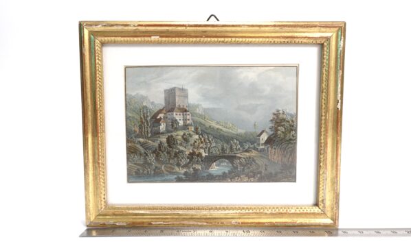 Handkolerierter Kupferstich Burg- Landschaftsansicht