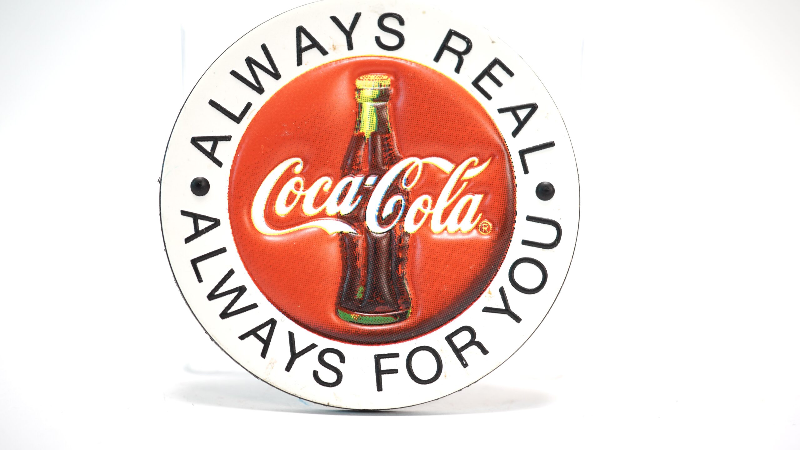 Vintage Coca-Cola Blechschild „Always Real“ – Rundes Button-Design (ca. 1990er) | A5052