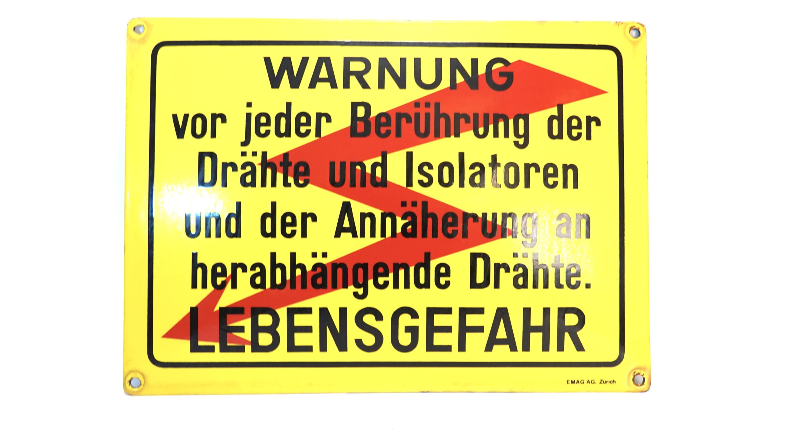 EMAG AG Zürich Emailleschild Warnung Lebensgefahr gelb | A5355 1 EMAG AG Zürich Emailleschild Warnung Lebensgefahr gelb | A5355
